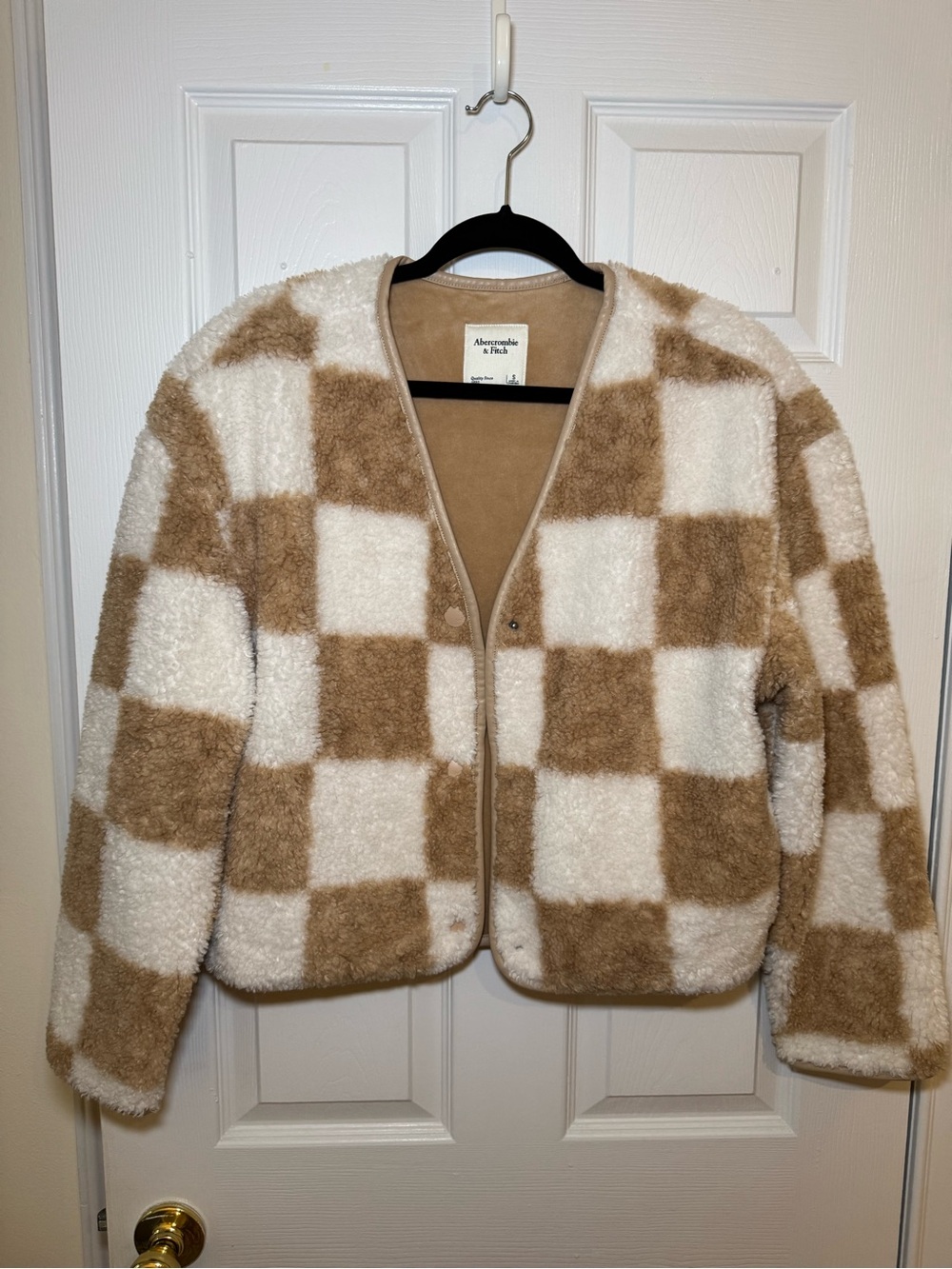 Abercrombie & Fitch Check Sherpa Jacket Tan Cream Teddy Fleece S